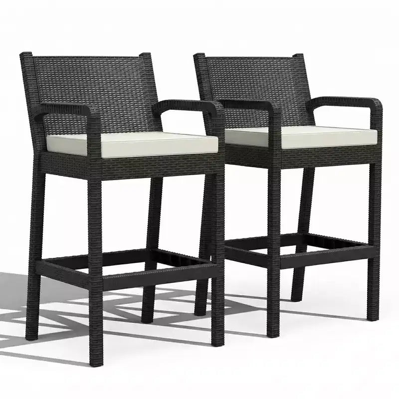 Lot de 2 tabourets de bar d'extérieur en osier – Hauteur de bar 76 cm, capacité de 150 kg, coussins épais, résine tressée tout temps pour terrasse et piscine
