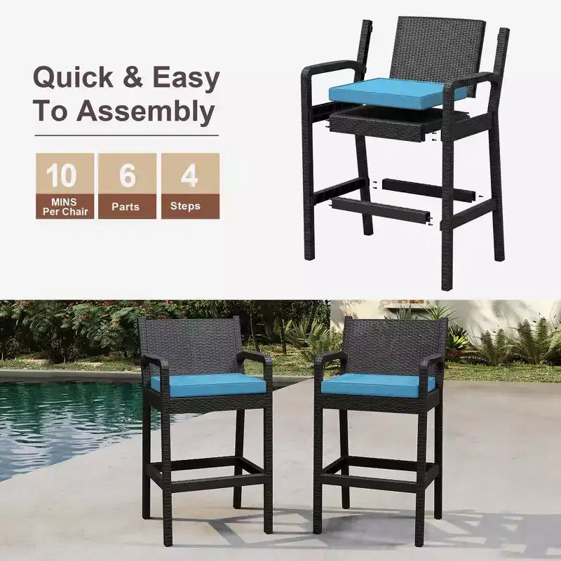 Lot de 2 tabourets de bar d'extérieur en osier – Hauteur de bar 76 cm, capacité de 150 kg, coussins épais, résine tressée tout temps pour terrasse et piscine