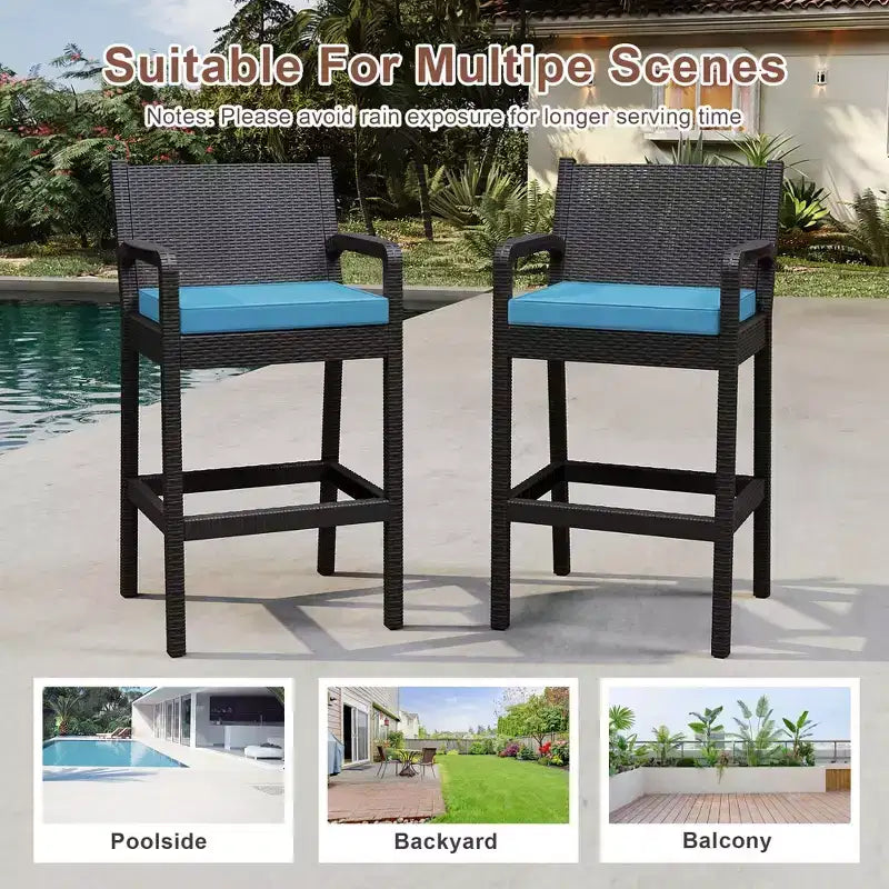 Lot de 2 tabourets de bar d'extérieur en osier – Hauteur de bar 76 cm, capacité de 150 kg, coussins épais, résine tressée tout temps pour terrasse et piscine