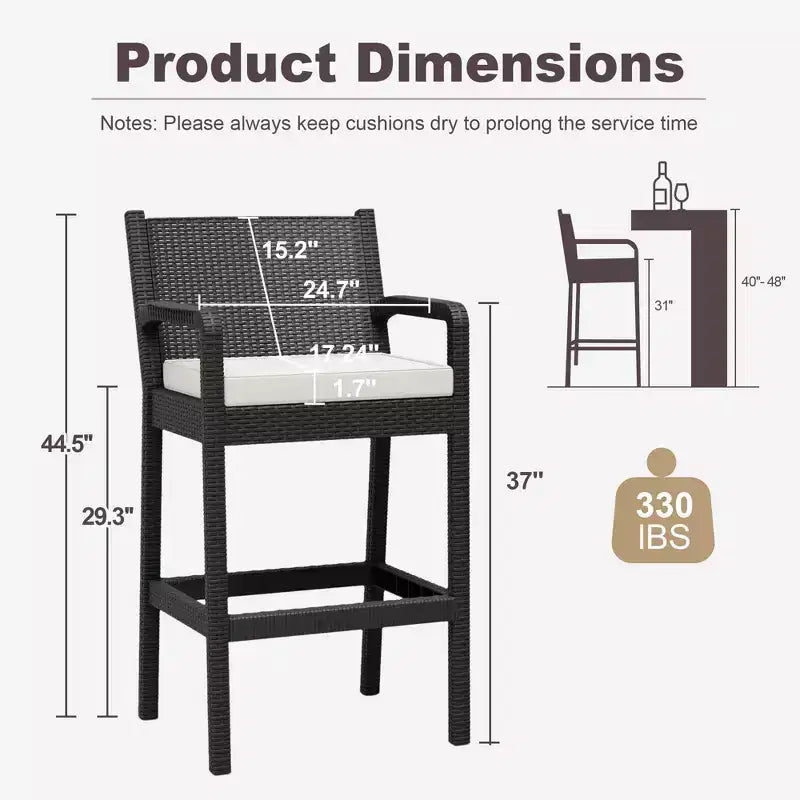 Lot de 2 tabourets de bar d'extérieur en osier – Hauteur de bar 76 cm, capacité de 150 kg, coussins épais, résine tressée tout temps pour terrasse et piscine