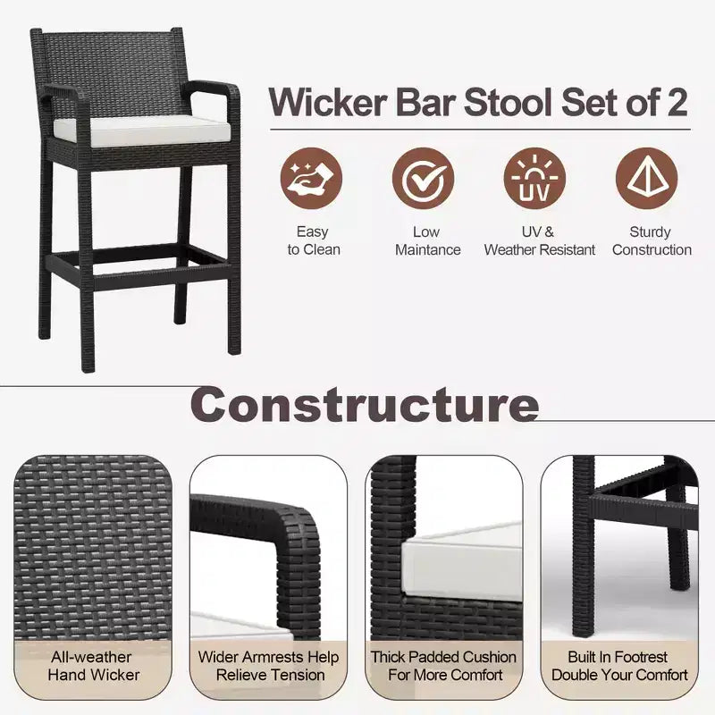 Lot de 2 tabourets de bar d'extérieur en osier – Hauteur de bar 76 cm, capacité de 150 kg, coussins épais, résine tressée tout temps pour terrasse et piscine