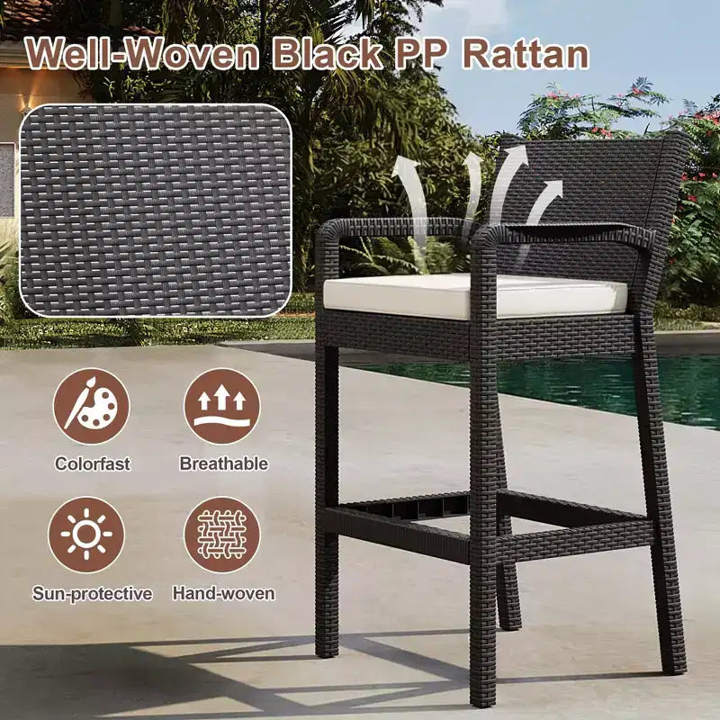 Lot de 2 tabourets de bar d'extérieur en osier – Hauteur de bar 76 cm, capacité de 150 kg, coussins épais, résine tressée tout temps pour terrasse et piscine