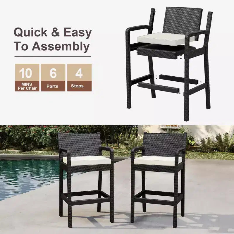 Lot de 2 tabourets de bar d'extérieur en osier – Hauteur de bar 76 cm, capacité de 150 kg, coussins épais, résine tressée tout temps pour terrasse et piscine