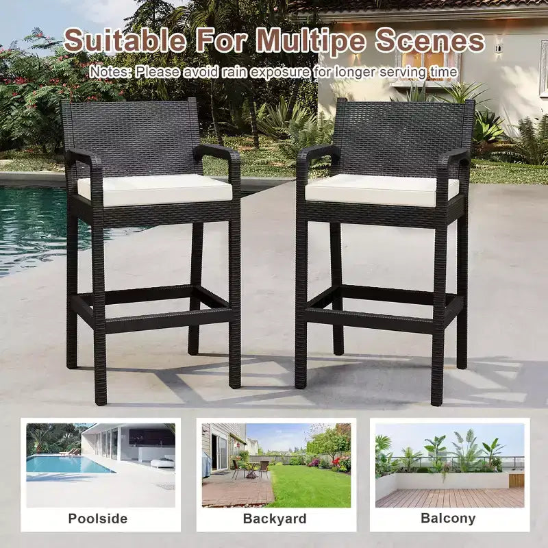 Lot de 2 tabourets de bar d'extérieur en osier – Hauteur de bar 76 cm, capacité de 150 kg, coussins épais, résine tressée tout temps pour terrasse et piscine