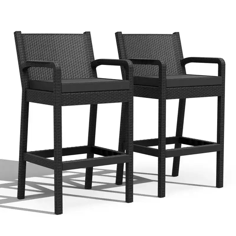 Lot de 2 tabourets de bar d'extérieur en osier – Hauteur de bar 76 cm, capacité de 150 kg, coussins épais, résine tressée tout temps pour terrasse et piscine