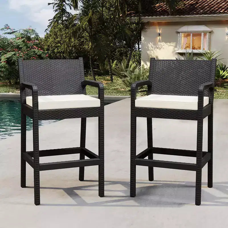 Outdoor Wicker Bar Stools Set of 2 - 30 Bar Height, 330 LBS Capacity, Thick Cushions, All-Weather Rattan for Patio & Pool