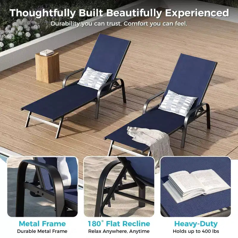 Lot de 2 chaises longues de jardin, transat inclinable réglable sur 5 positions, tissu Textilène, chaise longue de piscine de 193 cm pour terrasse, jardin et bord de piscine