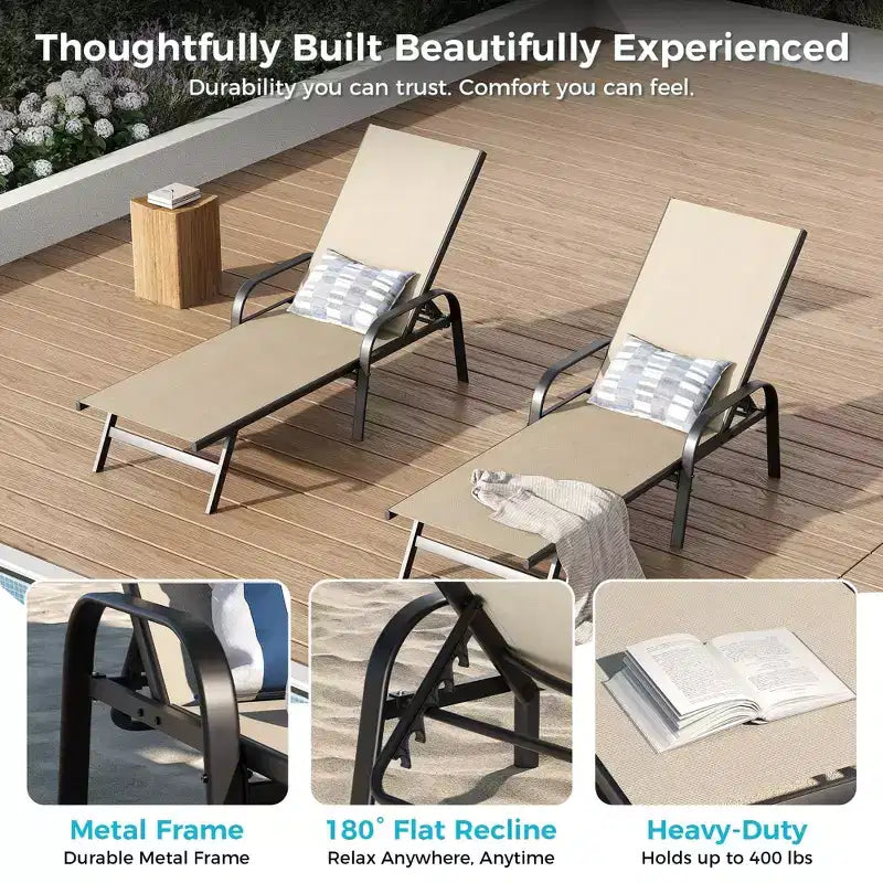 Lot de 2 chaises longues de jardin, transat inclinable réglable sur 5 positions, tissu Textilène, chaise longue de piscine de 193 cm pour terrasse, jardin et bord de piscine