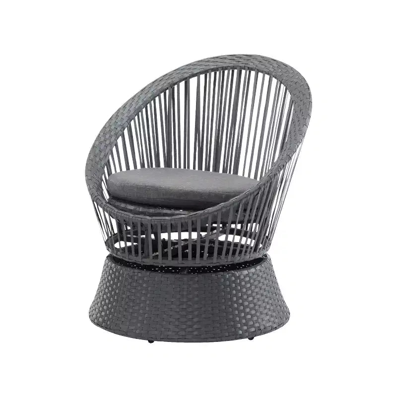 Fauteuil de salon pivotant en osier gris de 26,7 pouces de large avec cadre en fer, coussin moelleux, rotin PE pour patio ou balcon