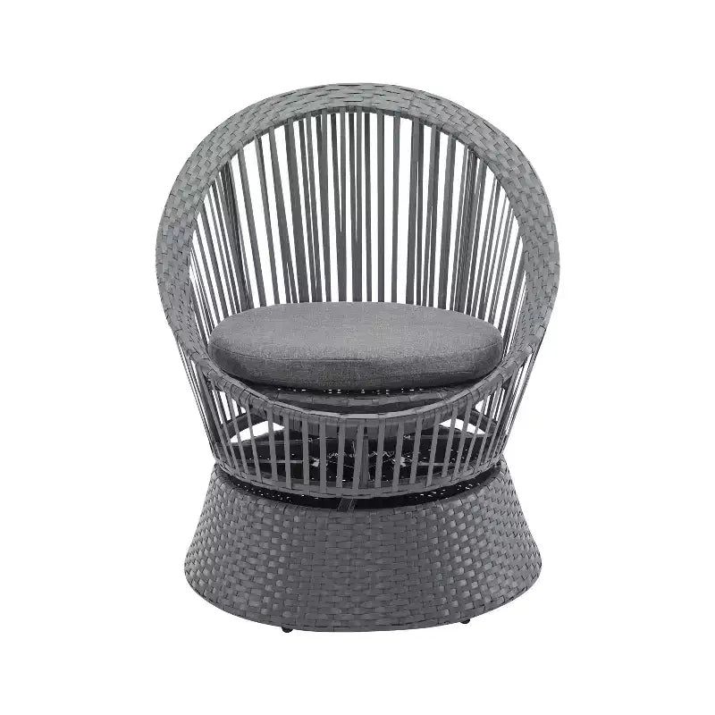 Fauteuil de salon pivotant en osier gris de 26,7 pouces de large avec cadre en fer, coussin moelleux, rotin PE pour patio ou balcon