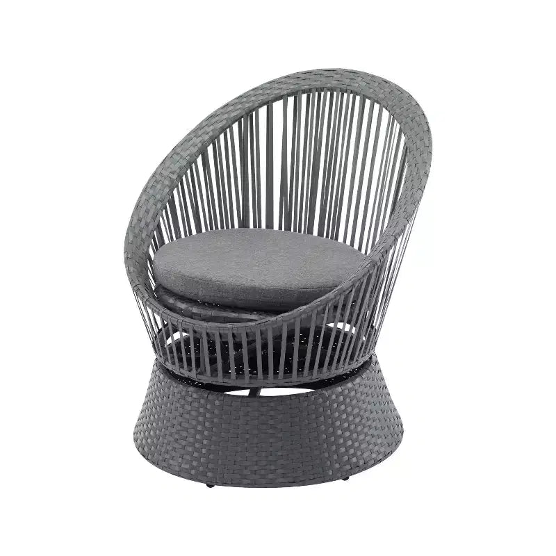 Fauteuil de salon pivotant en osier gris de 26,7 pouces de large avec cadre en fer, coussin moelleux, rotin PE pour patio ou balcon