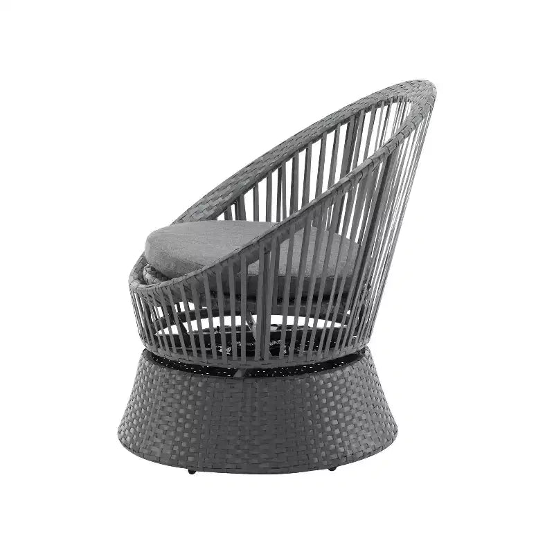 Fauteuil de salon pivotant en osier gris de 26,7 pouces de large avec cadre en fer, coussin moelleux, rotin PE pour patio ou balcon