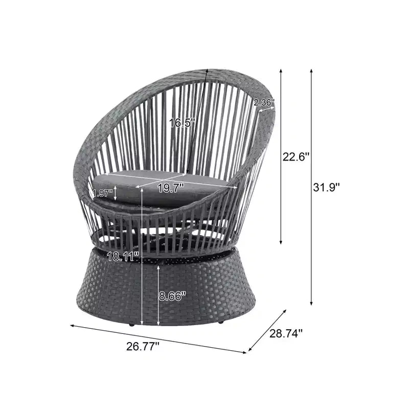 Fauteuil de salon pivotant en osier gris de 26,7 pouces de large avec cadre en fer, coussin moelleux, rotin PE pour patio ou balcon