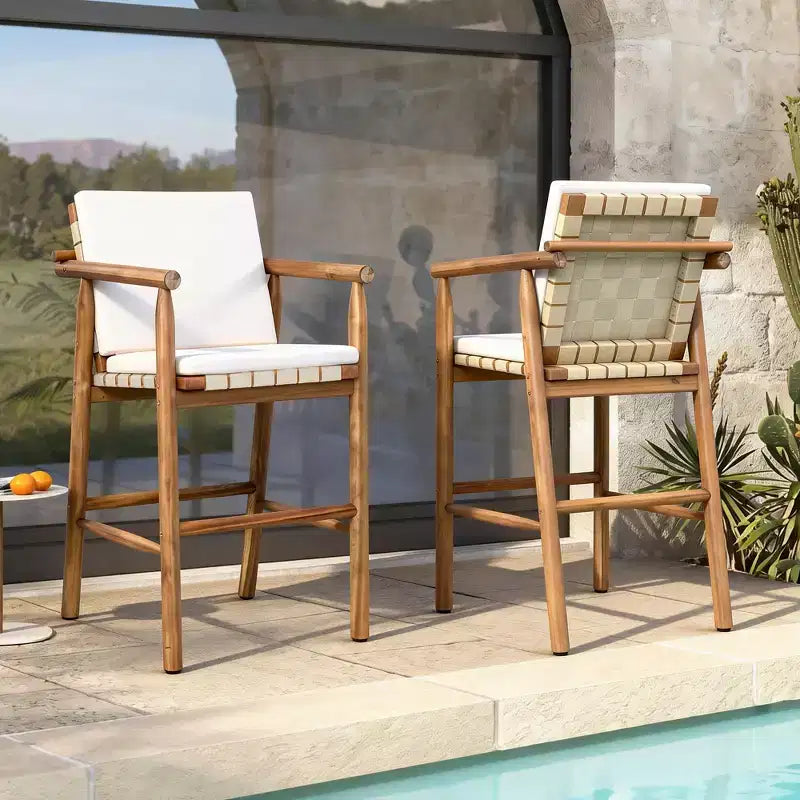 Lot de 2 tabourets de bar en bois d'acacia hauteur comptoir avec coussins amovibles, assise en sangle, pieds réglables pour l'extérieur