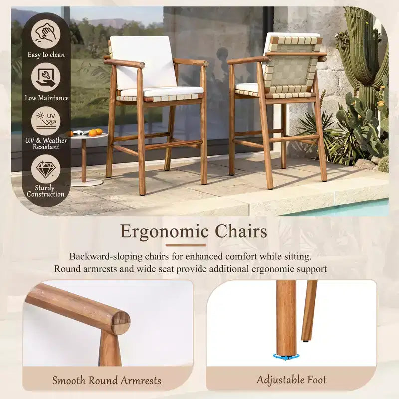 Lot de 2 tabourets de bar en bois d'acacia hauteur comptoir avec coussins amovibles, assise en sangle, pieds réglables pour l'extérieur