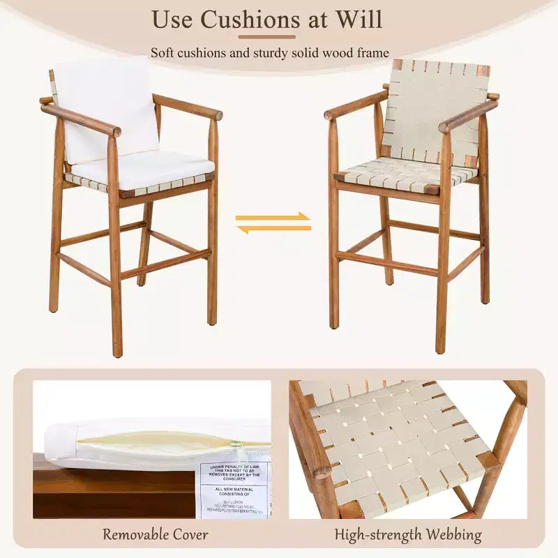 Lot de 2 tabourets de bar en bois d'acacia hauteur comptoir avec coussins amovibles, assise en sangle, pieds réglables pour l'extérieur