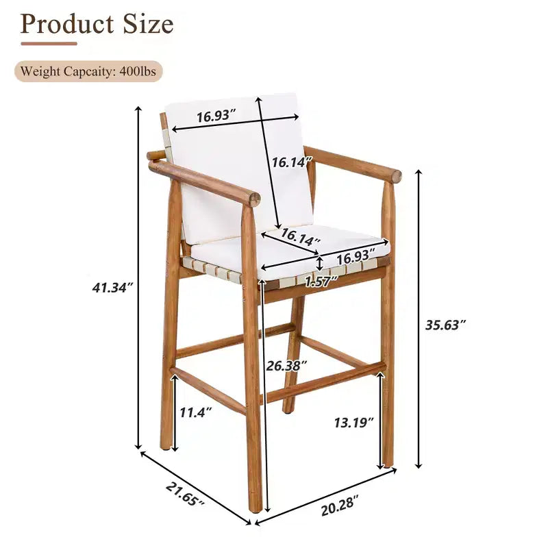 Lot de 2 tabourets de bar en bois d'acacia hauteur comptoir avec coussins amovibles, assise en sangle, pieds réglables pour l'extérieur