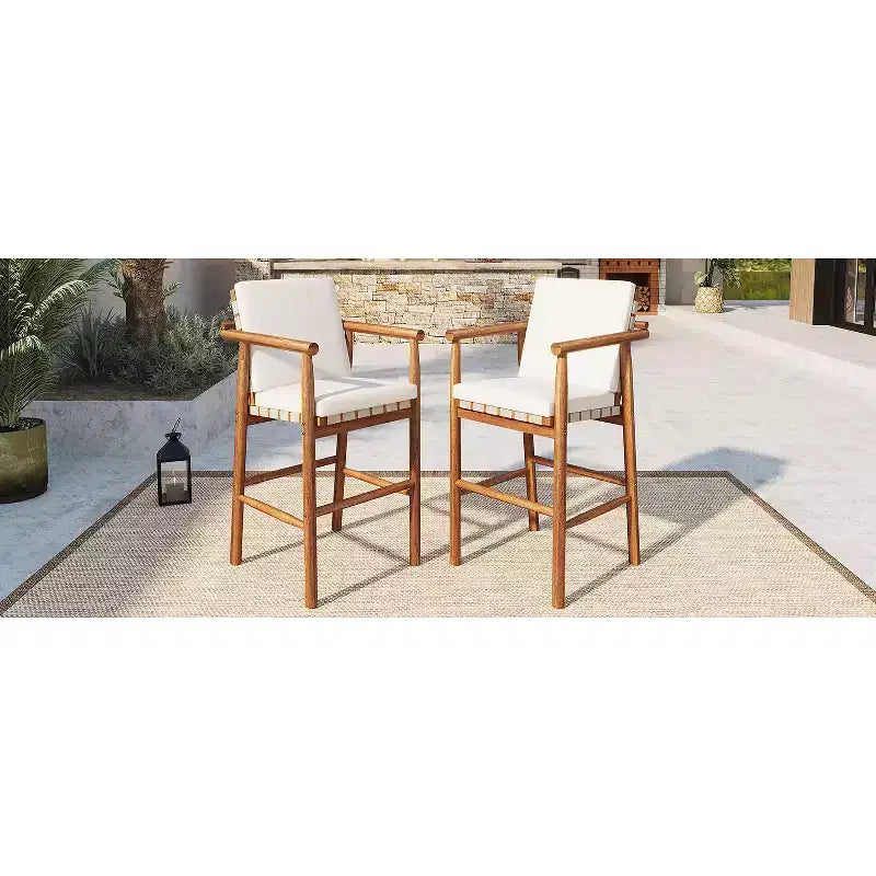 Lot de 2 tabourets de bar en bois d'acacia hauteur comptoir avec coussins amovibles, assise en sangle, pieds réglables pour l'extérieur