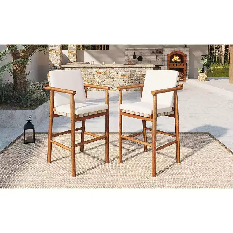 Lot de 2 tabourets de bar en bois d'acacia hauteur comptoir avec coussins amovibles, assise en sangle, pieds réglables pour l'extérieur