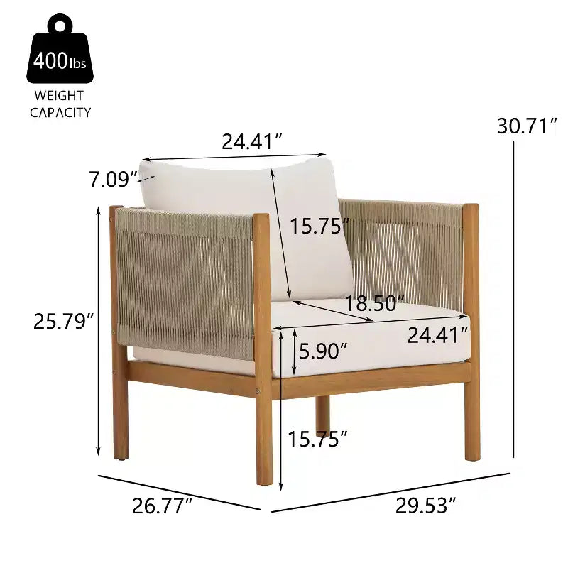 Christopher Knight Home Bradley Fauteuil de club moderne en bois d'acacia avec panneaux en corde tressée et coussins