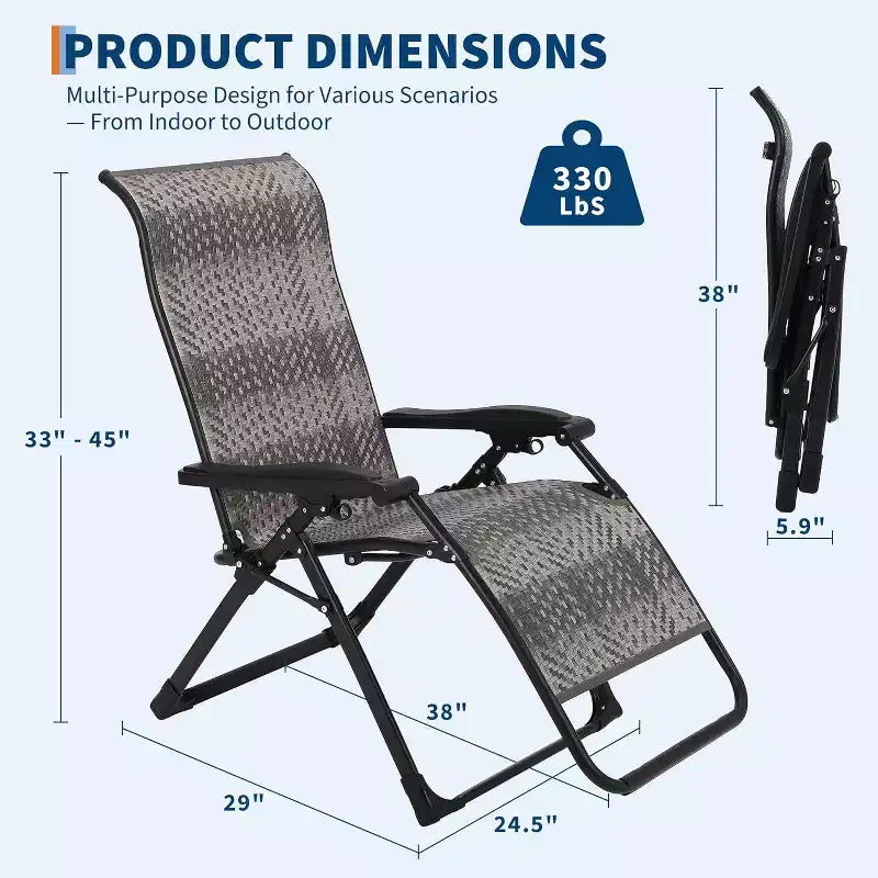 Chaise longue pliante en rotin, transat d'extérieur réglable, capacité de 150 kg, fauteuil de plage portable avec accoudoirs élargis et osier pour la piscine