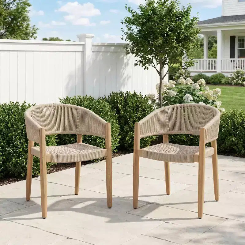 ModernLuxe Acacia Wood Outdoor Rope Dining Chairs, Patio Accent Chair Club Chair with Hand-Woven Rope - Set of 2, Brown