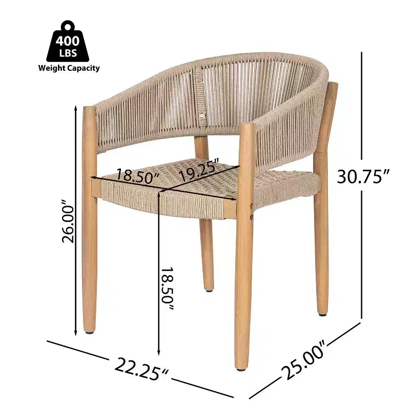 Chaises de salle à manger d'extérieur ModernLuxe en bois d'acacia et corde, fauteuil de patio avec corde tressée à la main - Lot de 2, Marron