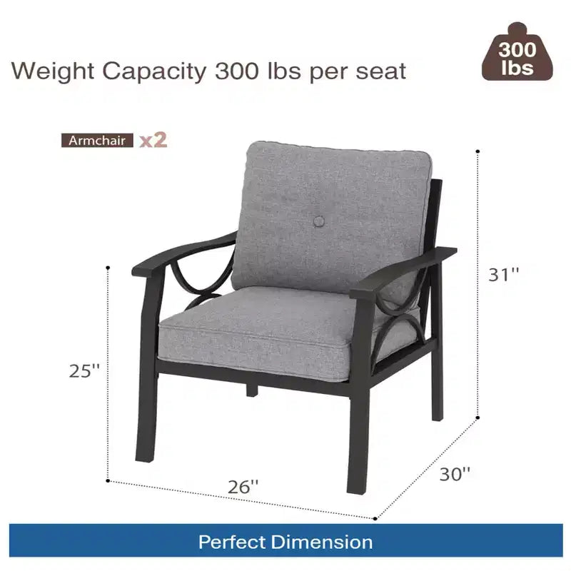 Lot de 2 fauteuils de patio, structure métallique avec coussins, mobilier de jardin d'extérieur