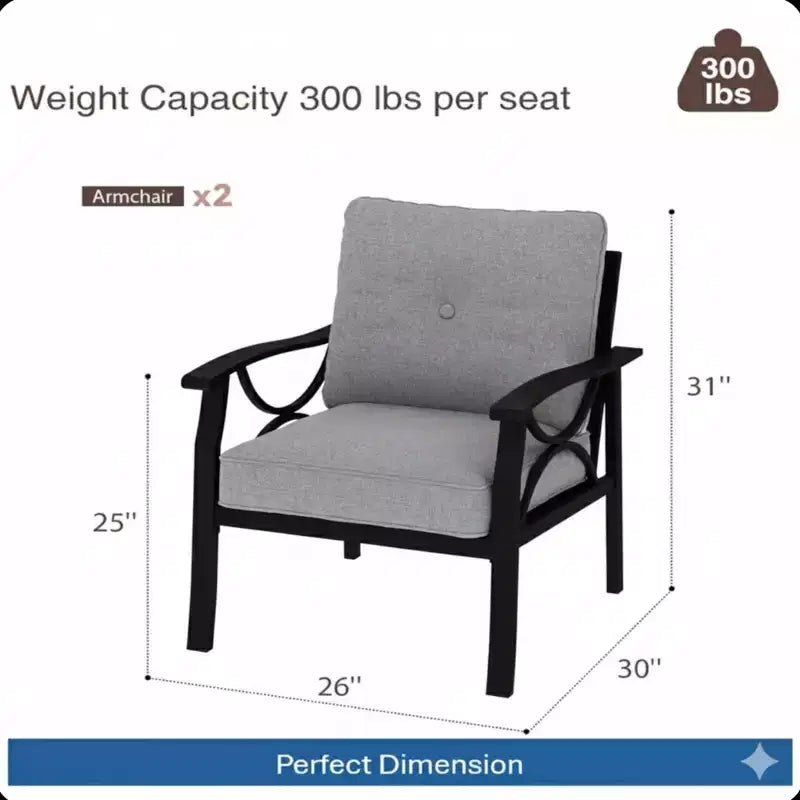Lot de 2 fauteuils de patio, structure métallique avec coussins, mobilier de jardin d'extérieur