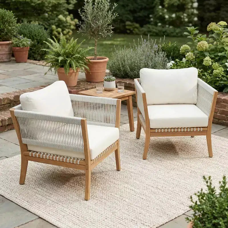 Christopher Knight Home Mai Chaises de jardin modernes d'extérieur en acacia avec corde tressée et coussins (Lot de 2)