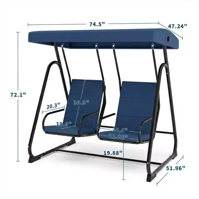 Balançoire de patio à 2 places avec sièges indépendants, auvent réglable, coussins amovibles et cadre en acier robuste, résistante aux intempéries pour véranda