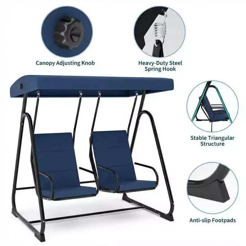 Balançoire de patio à 2 places avec sièges indépendants, auvent réglable, coussins amovibles et cadre en acier robuste, résistante aux intempéries pour véranda