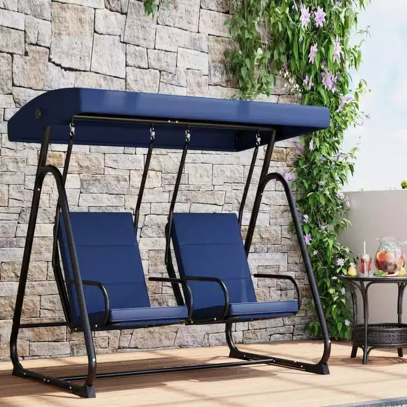 Balançoire de patio à 2 places avec sièges indépendants, auvent réglable, coussins amovibles et cadre en acier robuste, résistante aux intempéries pour véranda