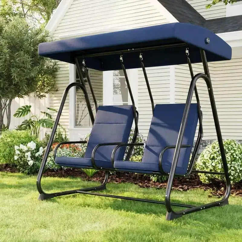 Balançoire de patio à 2 places avec sièges indépendants, auvent réglable, coussins amovibles et cadre en acier robuste, résistante aux intempéries pour véranda