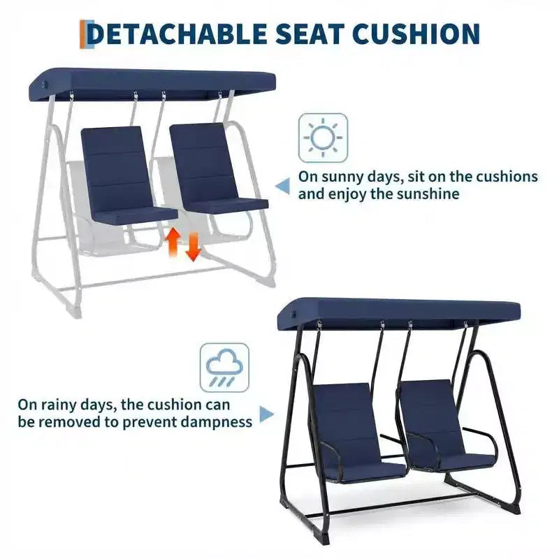 Balançoire de patio à 2 places avec sièges indépendants, auvent réglable, coussins amovibles et cadre en acier robuste, résistante aux intempéries pour véranda