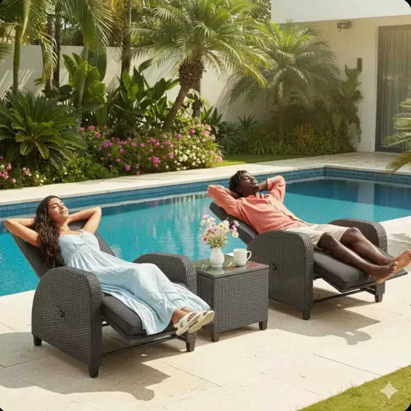Chaise longue d'extérieur inclinable 30 positions avec coussins gris et repose-pieds