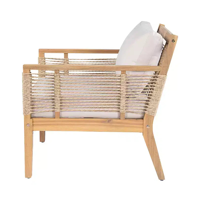 ModernLuxe Lot de 2 Fauteuils de Jardin en Bois d'Acacia, Fauteuils Accoudoirs en Corde Torsadée Tissée à la Main avec Coussins Beige pour Jardin et Bord de Piscine, Finition Teck