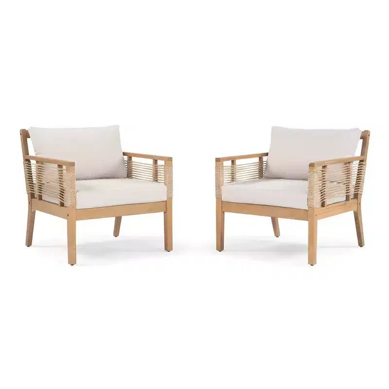 ModernLuxe Lot de 2 Fauteuils de Jardin en Bois d'Acacia, Fauteuils Accoudoirs en Corde Torsadée Tissée à la Main avec Coussins Beige pour Jardin et Bord de Piscine, Finition Teck