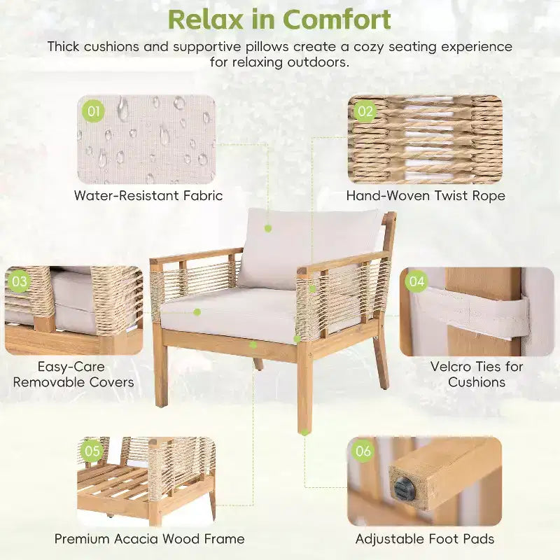 ModernLuxe Lot de 2 Fauteuils de Jardin en Bois d'Acacia, Fauteuils Accoudoirs en Corde Torsadée Tissée à la Main avec Coussins Beige pour Jardin et Bord de Piscine, Finition Teck