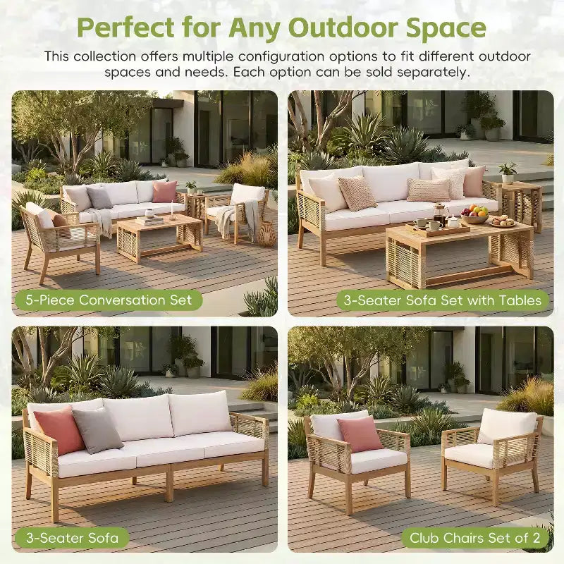 ModernLuxe Lot de 2 Fauteuils de Jardin en Bois d'Acacia, Fauteuils Accoudoirs en Corde Torsadée Tissée à la Main avec Coussins Beige pour Jardin et Bord de Piscine, Finition Teck