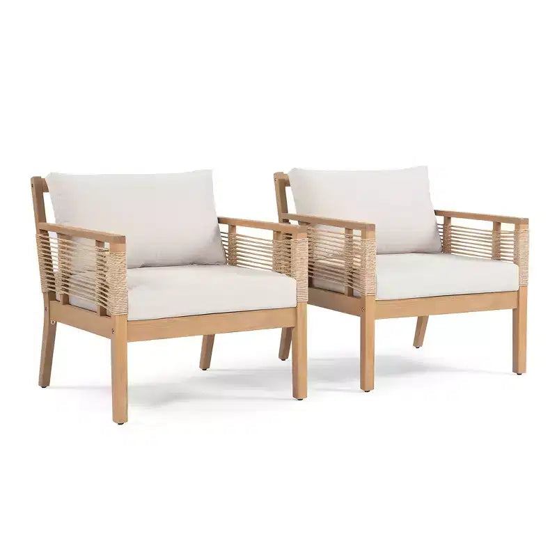 ModernLuxe Lot de 2 Fauteuils de Jardin en Bois d'Acacia, Fauteuils Accoudoirs en Corde Torsadée Tissée à la Main avec Coussins Beige pour Jardin et Bord de Piscine, Finition Teck
