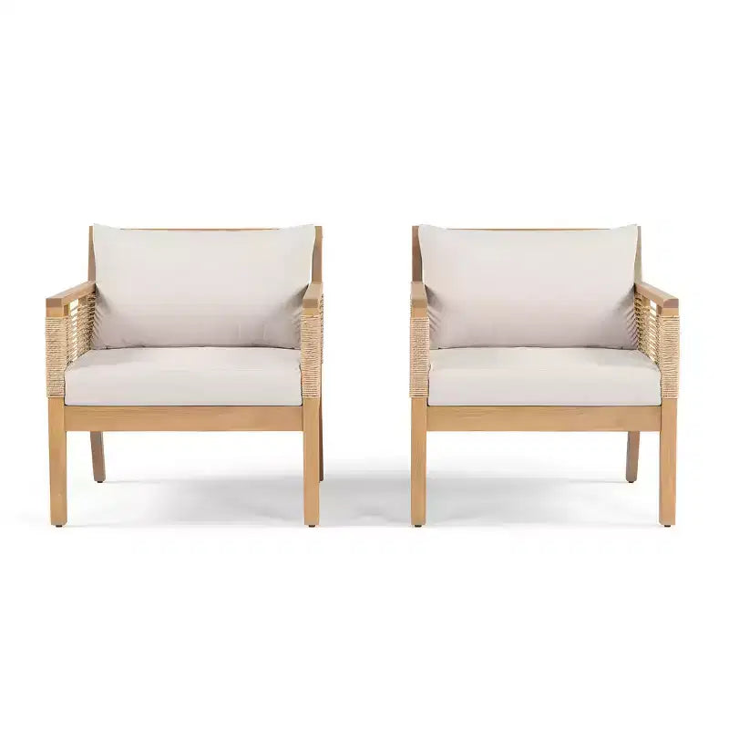 ModernLuxe Lot de 2 Fauteuils de Jardin en Bois d'Acacia, Fauteuils Accoudoirs en Corde Torsadée Tissée à la Main avec Coussins Beige pour Jardin et Bord de Piscine, Finition Teck