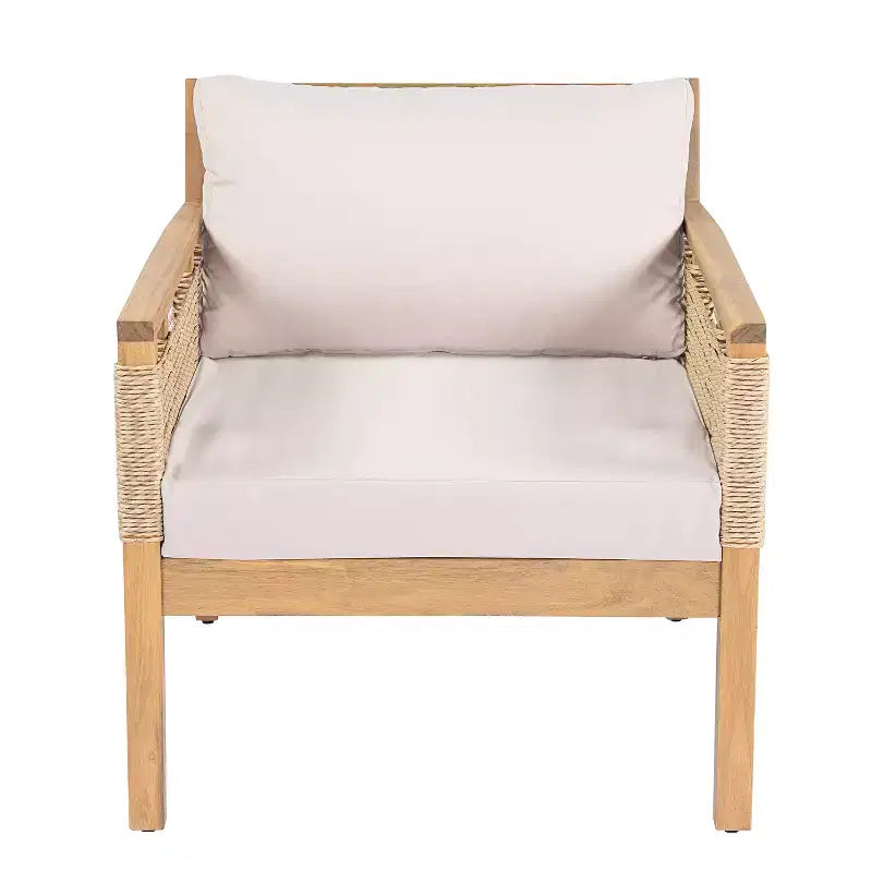 ModernLuxe Lot de 2 Fauteuils de Jardin en Bois d'Acacia, Fauteuils Accoudoirs en Corde Torsadée Tissée à la Main avec Coussins Beige pour Jardin et Bord de Piscine, Finition Teck