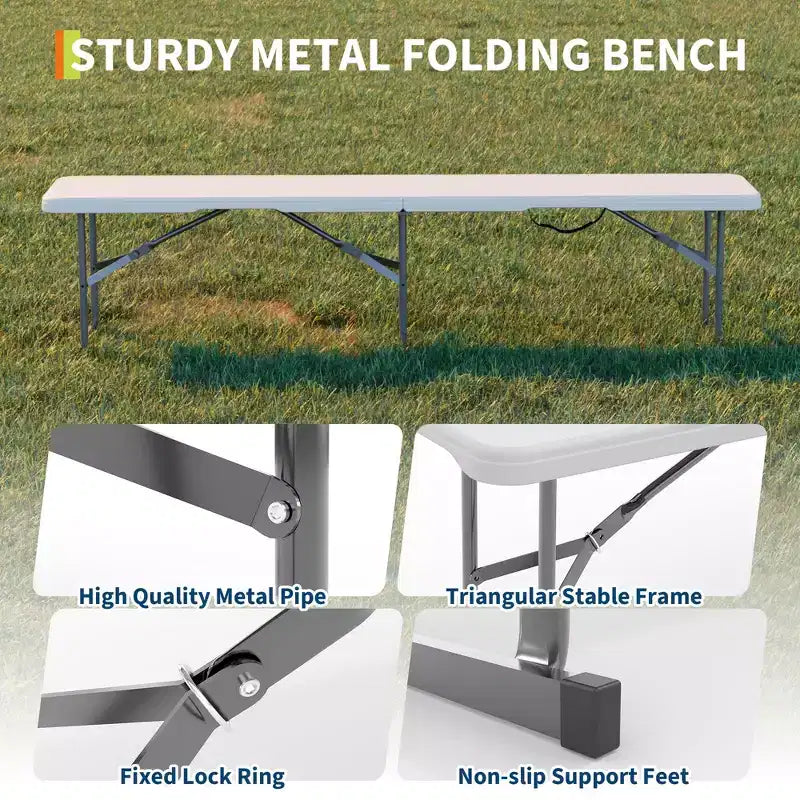 Lot de 2 bancs pliants en PEHD de 1,8 m, sièges de camping et de salle à manger portables, cadre en métal, multifonctionnels pour les fêtes en intérieur/extérieur sur la terrasse