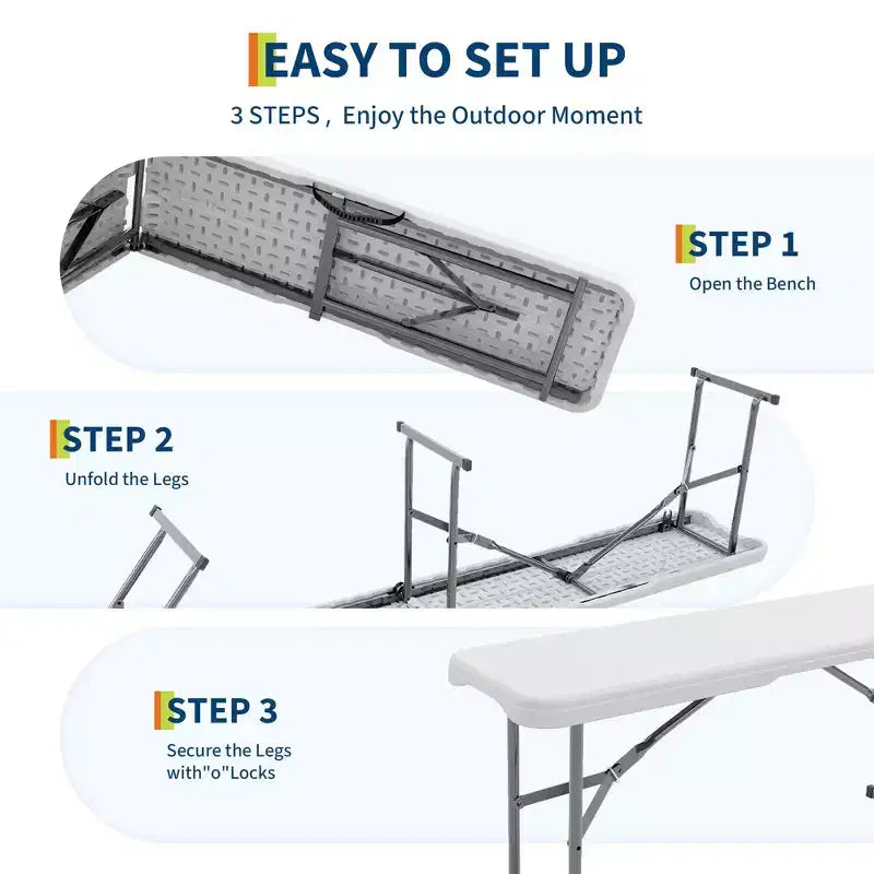 Lot de 2 bancs pliants en PEHD de 1,8 m, sièges de camping et de salle à manger portables, cadre en métal, multifonctionnels pour les fêtes en intérieur/extérieur sur la terrasse