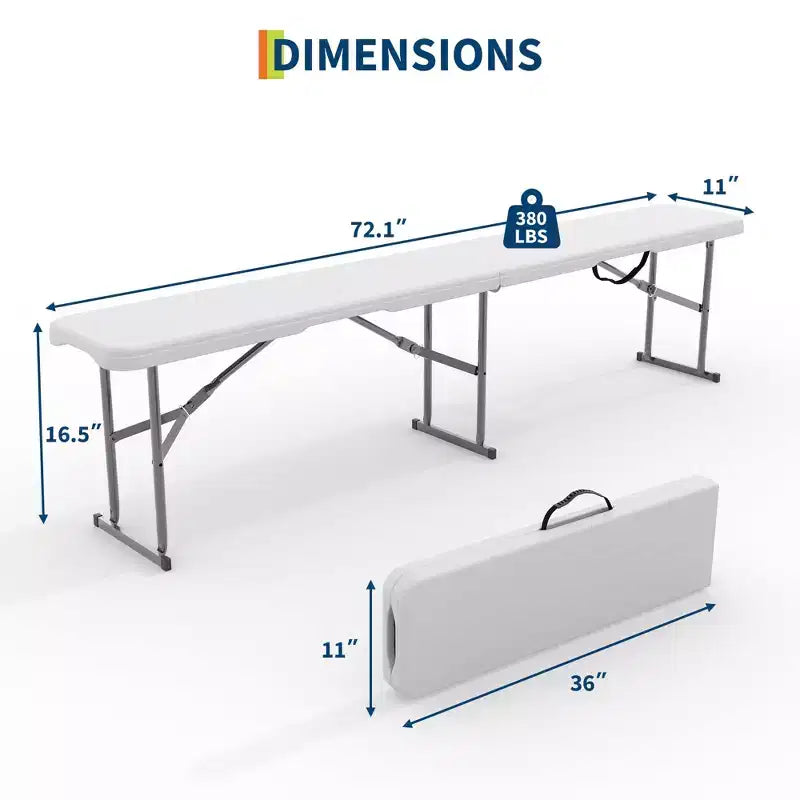 Lot de 2 bancs pliants en PEHD de 1,8 m, sièges de camping et de salle à manger portables, cadre en métal, multifonctionnels pour les fêtes en intérieur/extérieur sur la terrasse