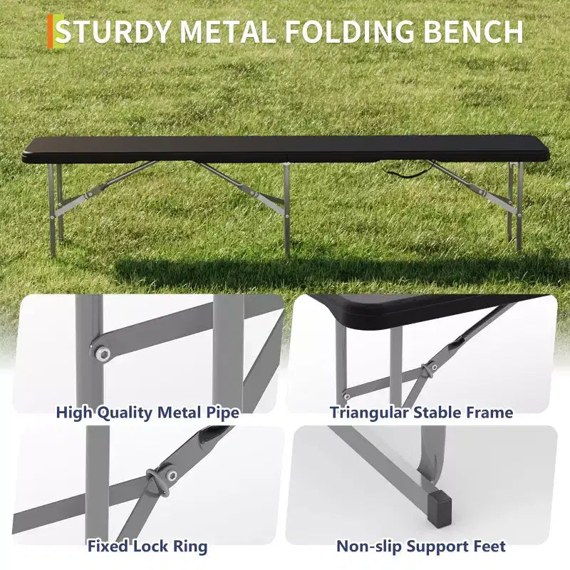 Lot de 2 bancs pliants en PEHD de 1,8 m, sièges de camping et de salle à manger portables, cadre en métal, multifonctionnels pour les fêtes en intérieur/extérieur sur la terrasse