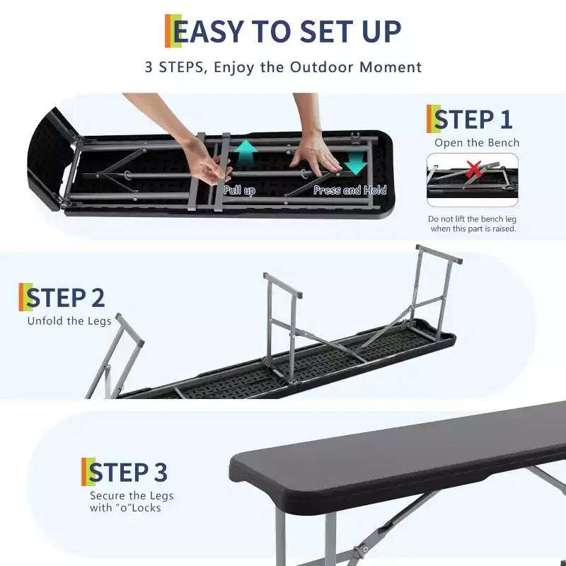 Lot de 2 bancs pliants en PEHD de 1,8 m, sièges de camping et de salle à manger portables, cadre en métal, multifonctionnels pour les fêtes en intérieur/extérieur sur la terrasse