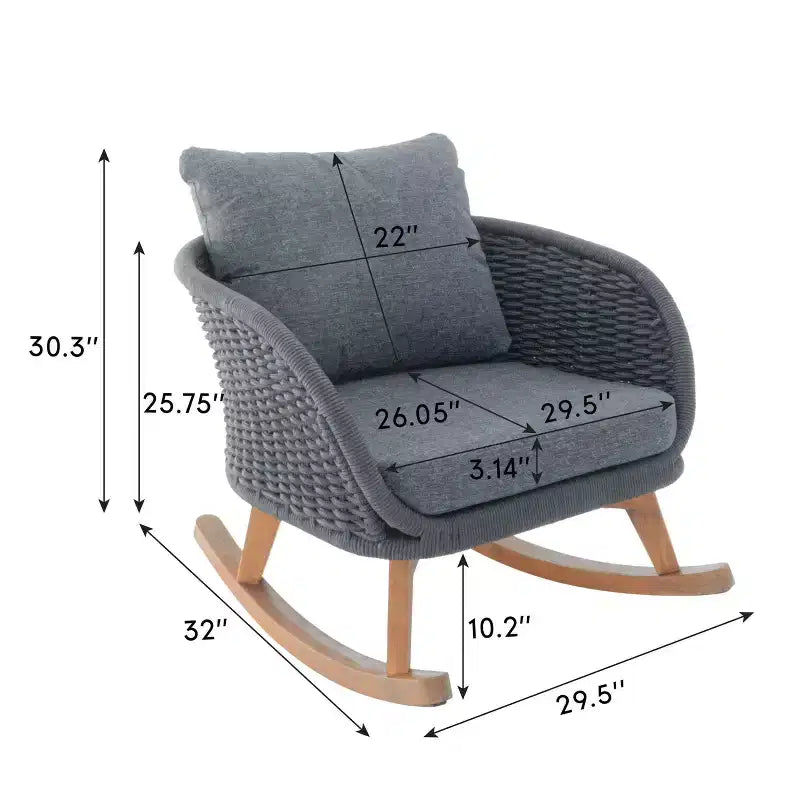 Fauteuil à bascule contemporain en osier de 75 cm avec coussins en polyester, cadre en bois, assise généreuse, mouvement de bascule fluide pour l'intérieur ou l'extérieur