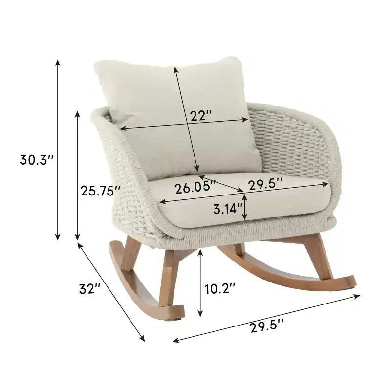 Fauteuil à bascule contemporain en osier de 75 cm avec coussins en polyester, cadre en bois, assise généreuse, mouvement de bascule fluide pour l'intérieur ou l'extérieur